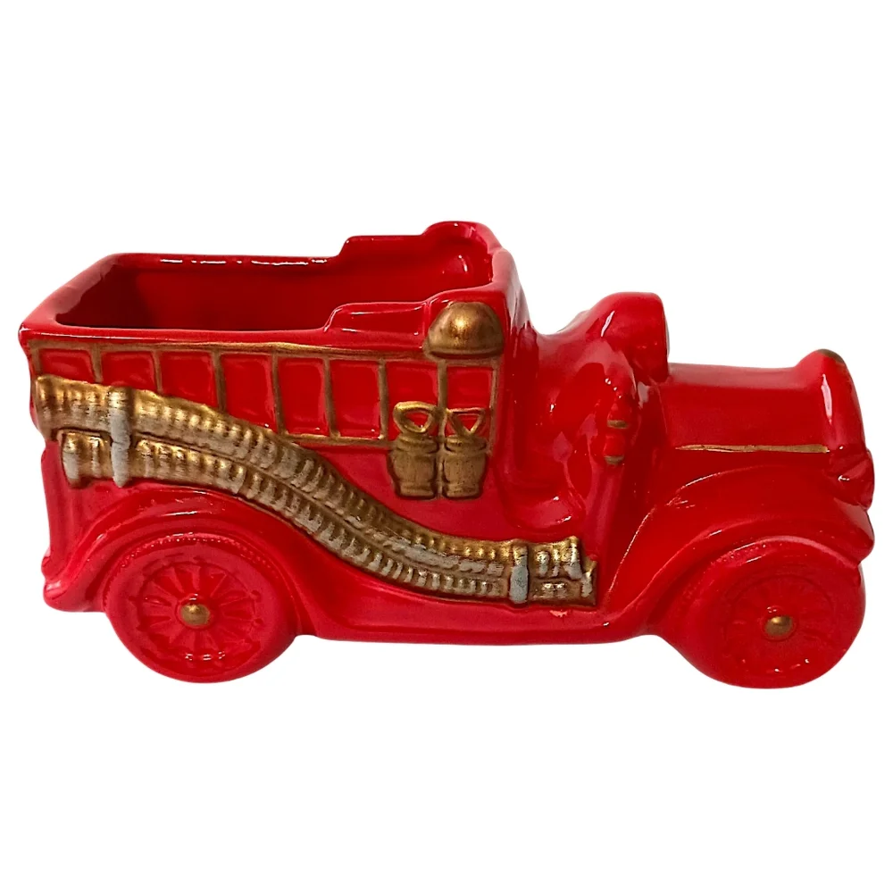 Vintage Fire Truck Planter Ceramic Red Kids Room Firetruck Nursery Decor Storage